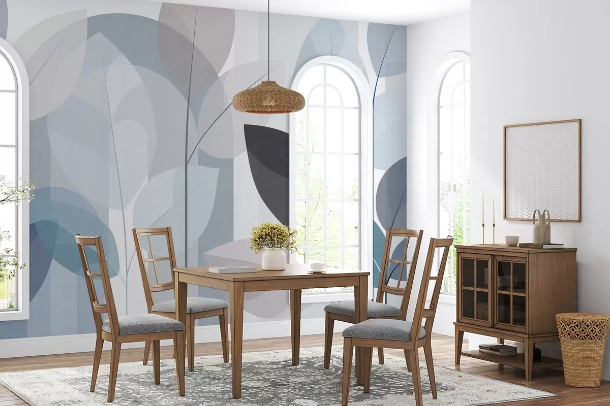 Fotobehang een abstract ontwerp met bladeren in een mat geweven stijl in blauwtinten w05986v2