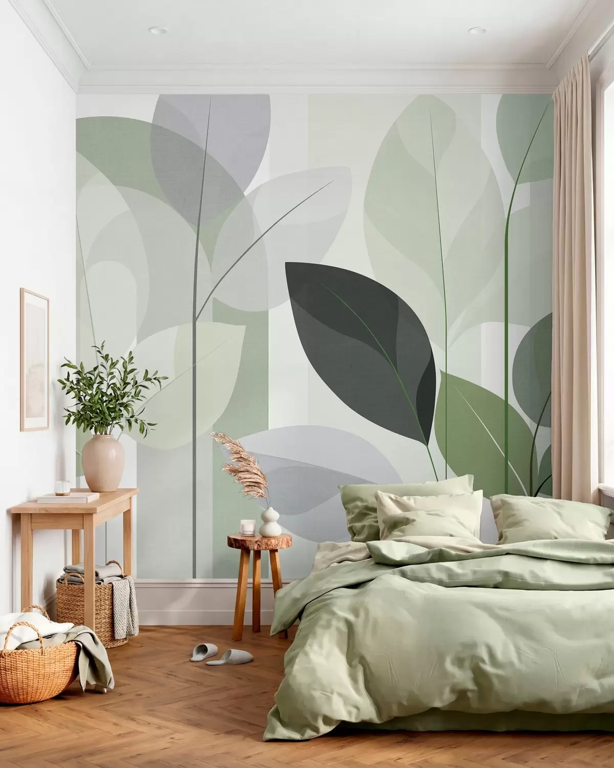Papier peint photo un motif abstrait représentant des feuilles, dans un style de tissage mat, dans des nuances de vert w05986v1