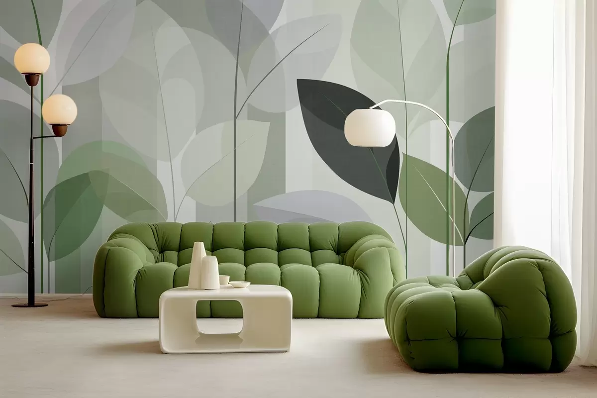 Fotobehang een abstract ontwerp met bladeren in een mat geweven stijl in verschillende tinten groen w05986v1