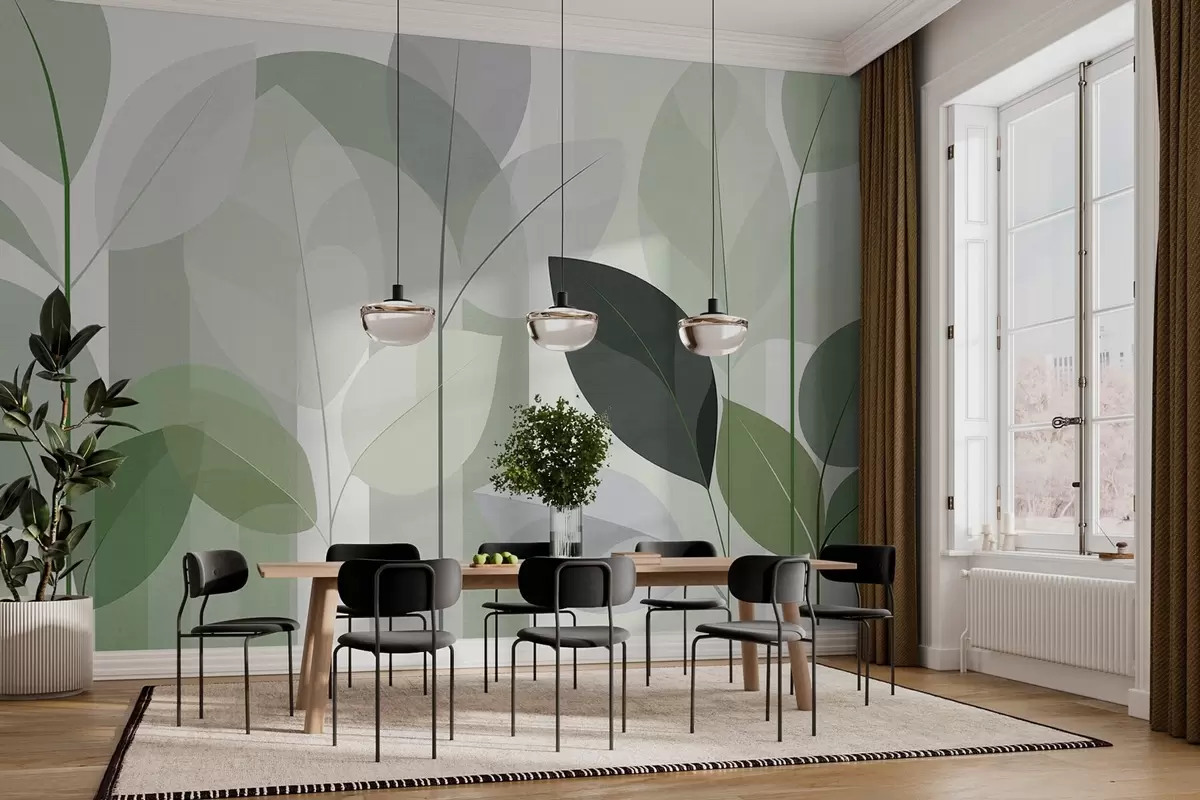 Fotobehang een abstract ontwerp met bladeren in een mat geweven stijl in verschillende tinten groen w05986v1