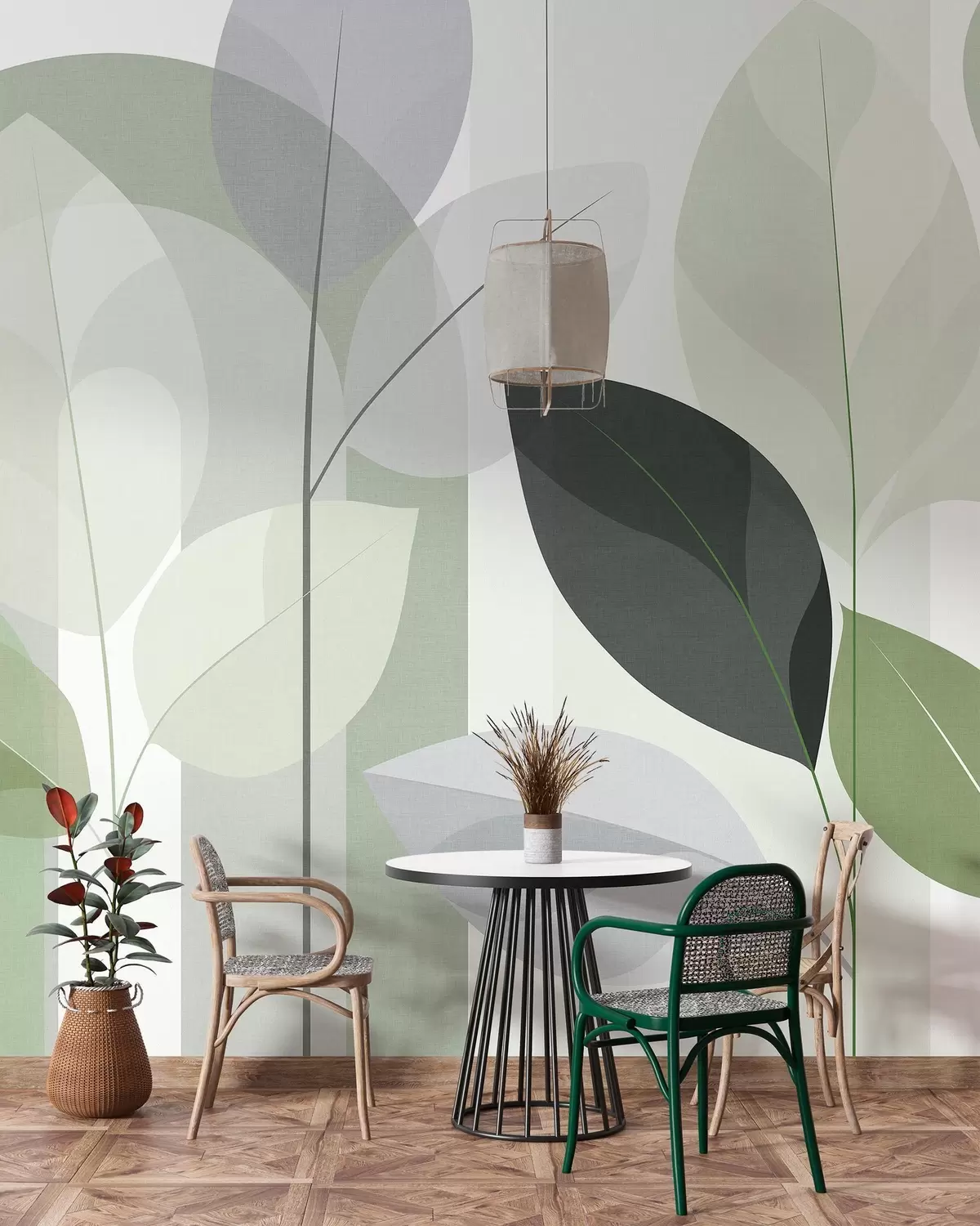 Papier peint photo un motif abstrait représentant des feuilles, dans un style de tissage mat, dans des nuances de vert w05986v1