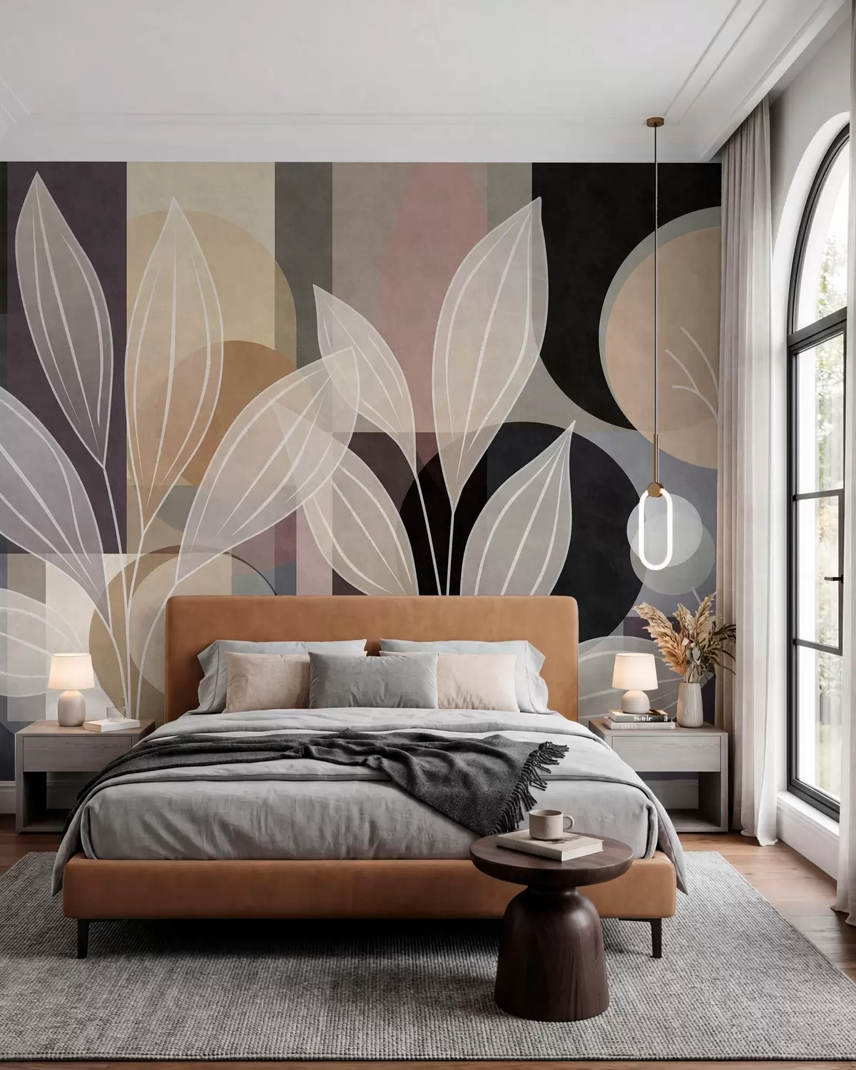 Fotobehang gestileerde bladeren tegen een geometrische achtergrond in beige tinten en donkere kleuren w05987