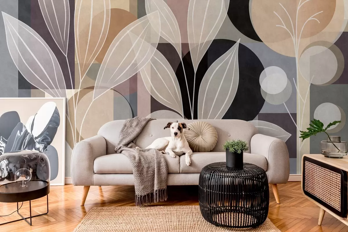 Fotobehang gestileerde bladeren tegen een geometrische achtergrond in beige tinten en donkere kleuren w05987