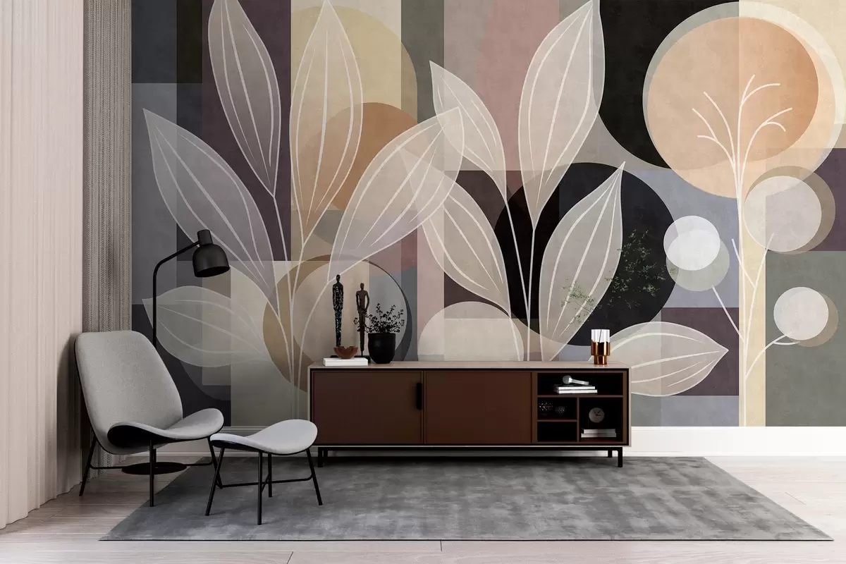 Fotobehang gestileerde bladeren tegen een geometrische achtergrond in beige tinten en donkere kleuren w05987