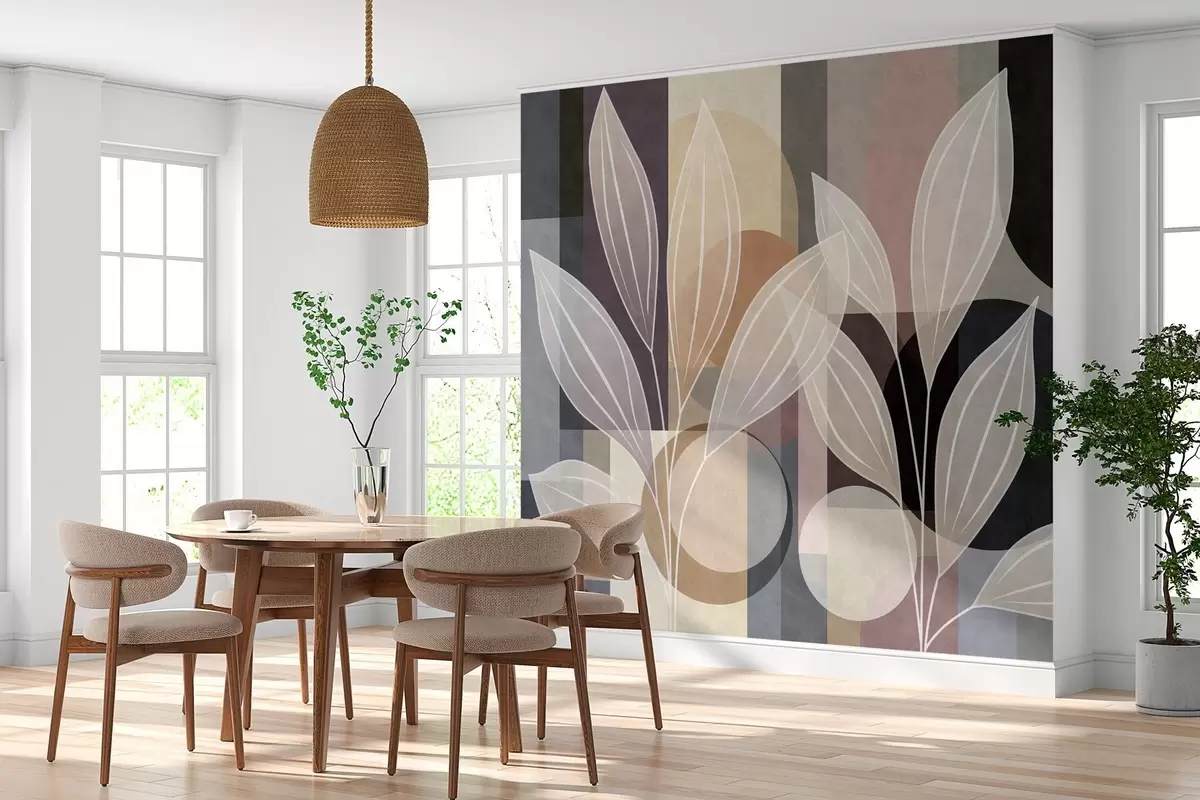 Fotobehang gestileerde bladeren tegen een geometrische achtergrond in beige tinten en donkere kleuren w05987