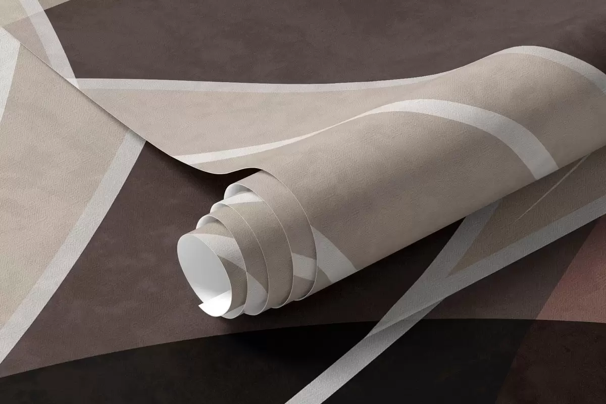 Fotobehang gestileerde bladeren tegen een geometrische achtergrond in beige tinten en donkere kleuren w05987