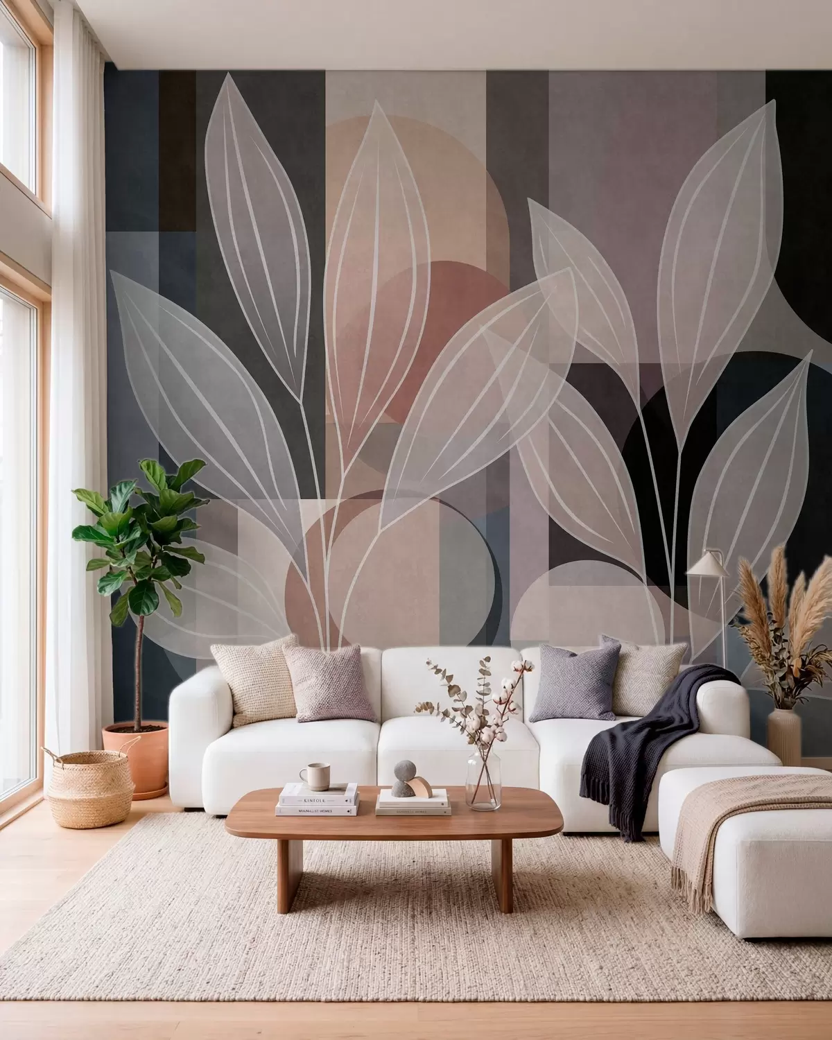 Fotobehang gestileerd bladwerk tegen een geometrische achtergrond in poederachtige en donkere tinten w05987v1