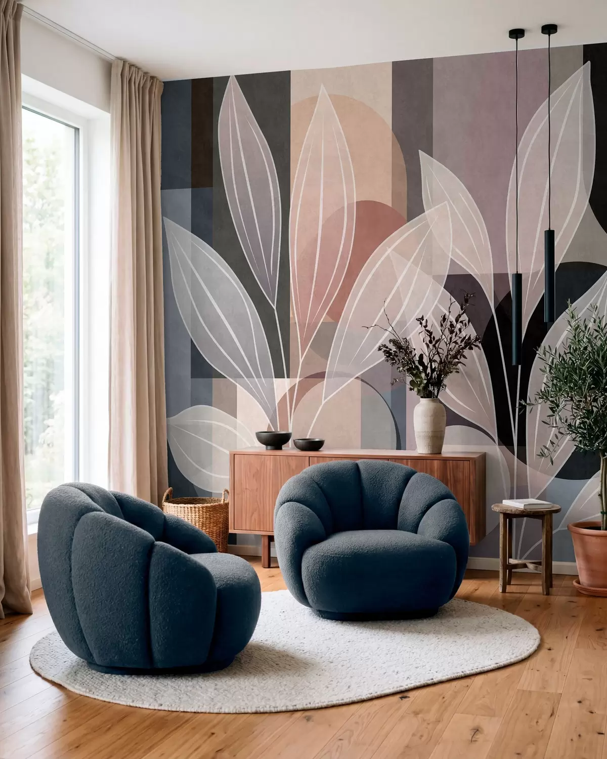 Fotobehang gestileerd bladwerk tegen een geometrische achtergrond in poederachtige en donkere tinten w05987v1