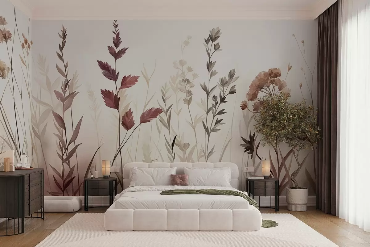 Fotobehang Hoge wilde grassen en wilde bloemen in ingetogen aardetinten, minimalistische stijl w10084