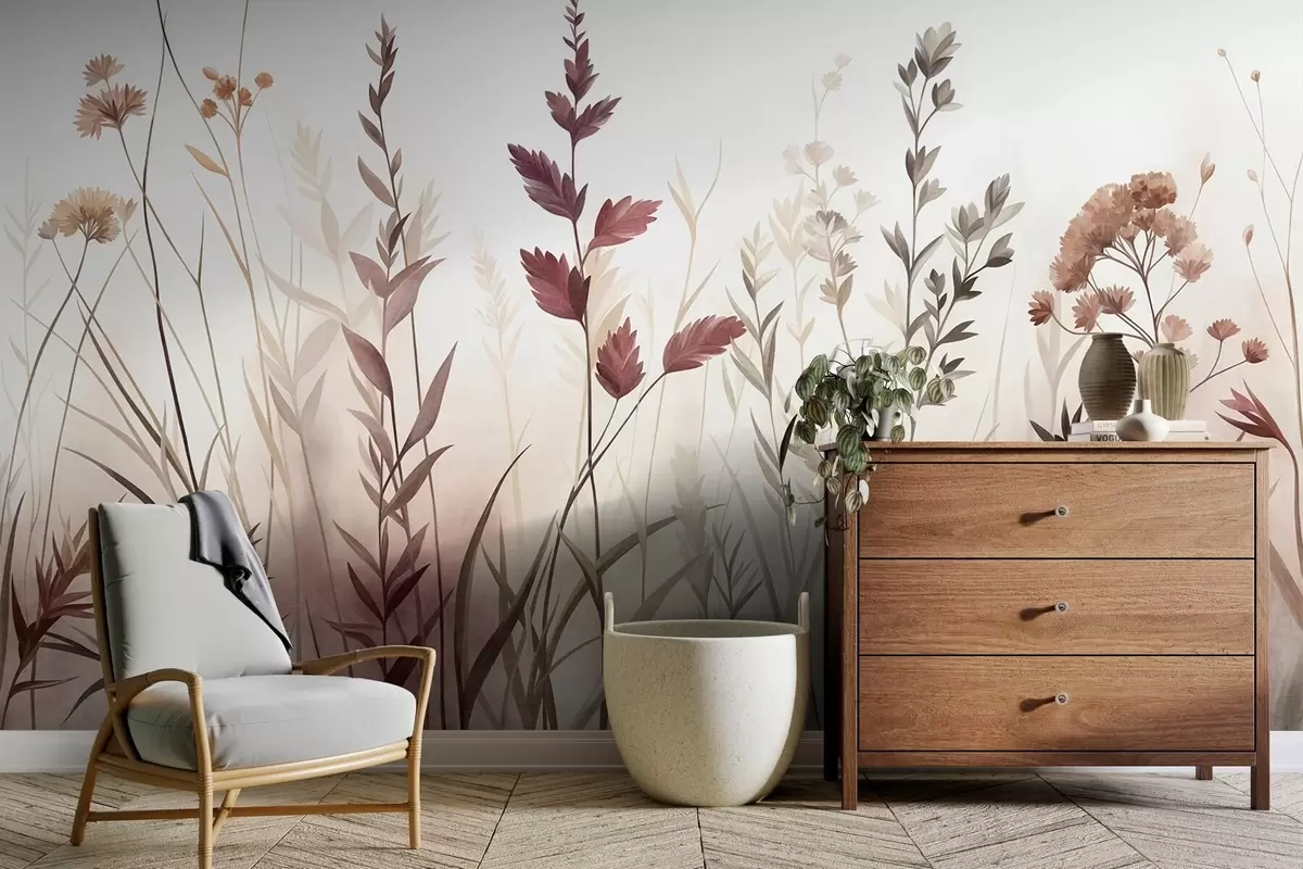 Fotobehang Hoge wilde grassen en wilde bloemen in ingetogen aardetinten, minimalistische stijl w10084