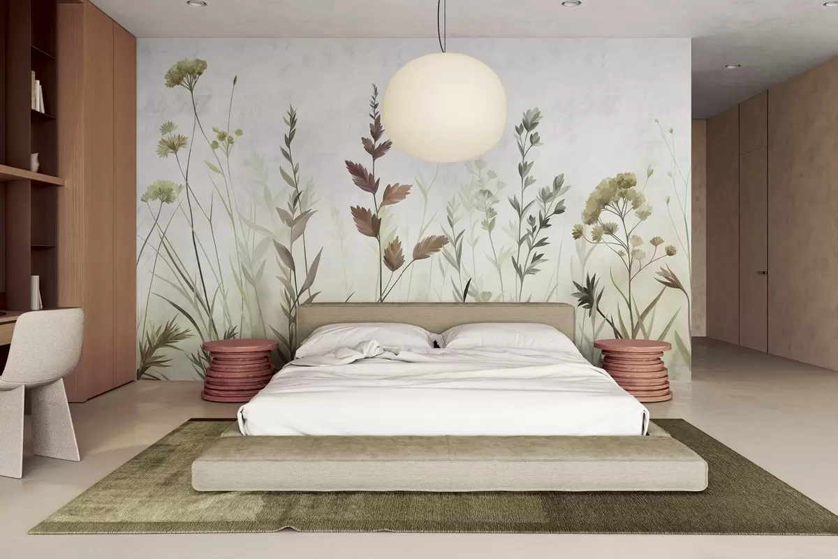 Fotobehang Hoge wilde grassen en wilde bloemen in gedempte groene tinten, minimalistische stijl w10084v1