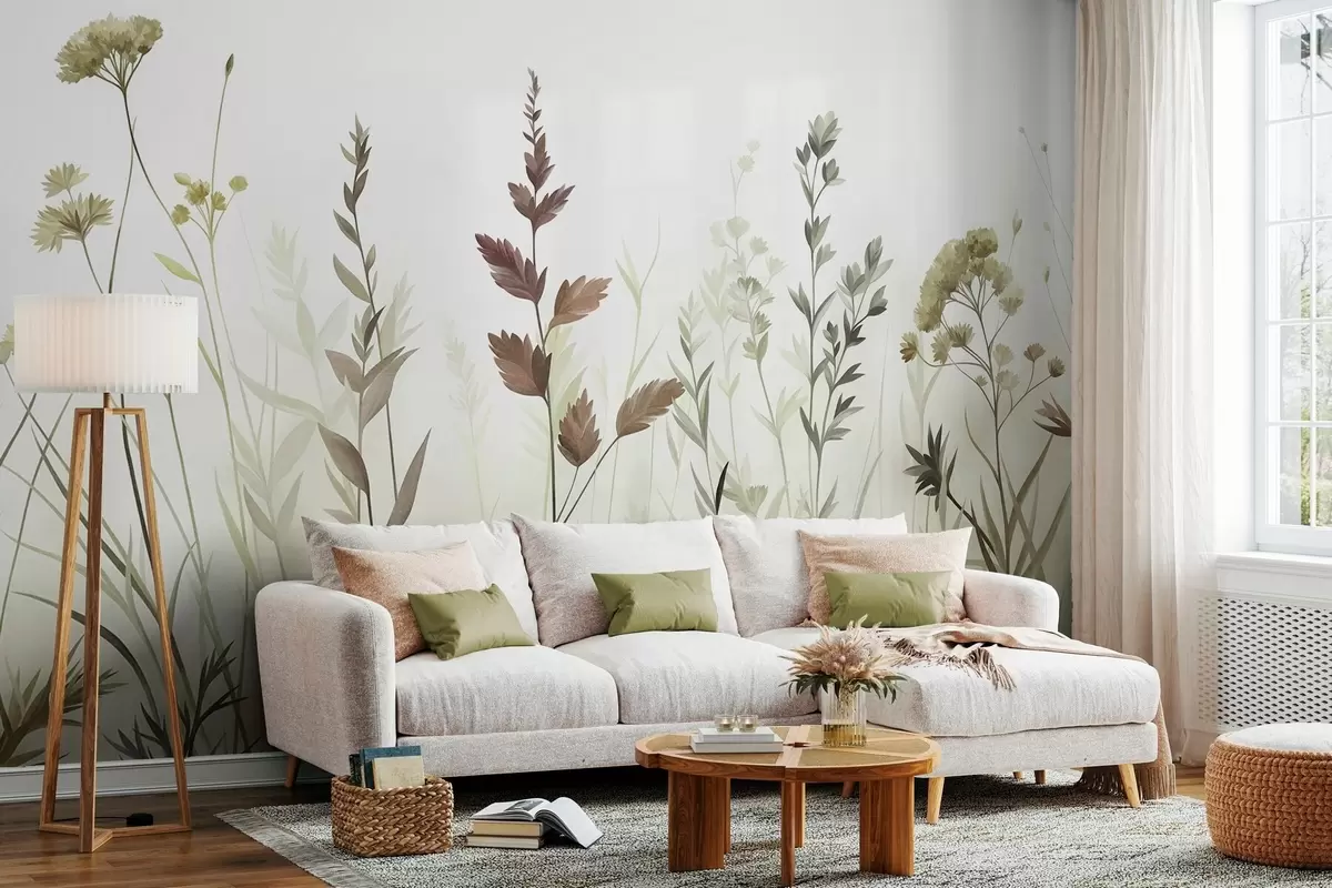 Fotobehang Hoge wilde grassen en wilde bloemen in gedempte groene tinten, minimalistische stijl w10084v1