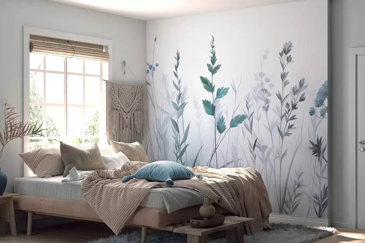 Fotobehang Hoge wilde grassen en wilde bloemen in gedempte blauwtinten, minimalistische stijl w10084v2