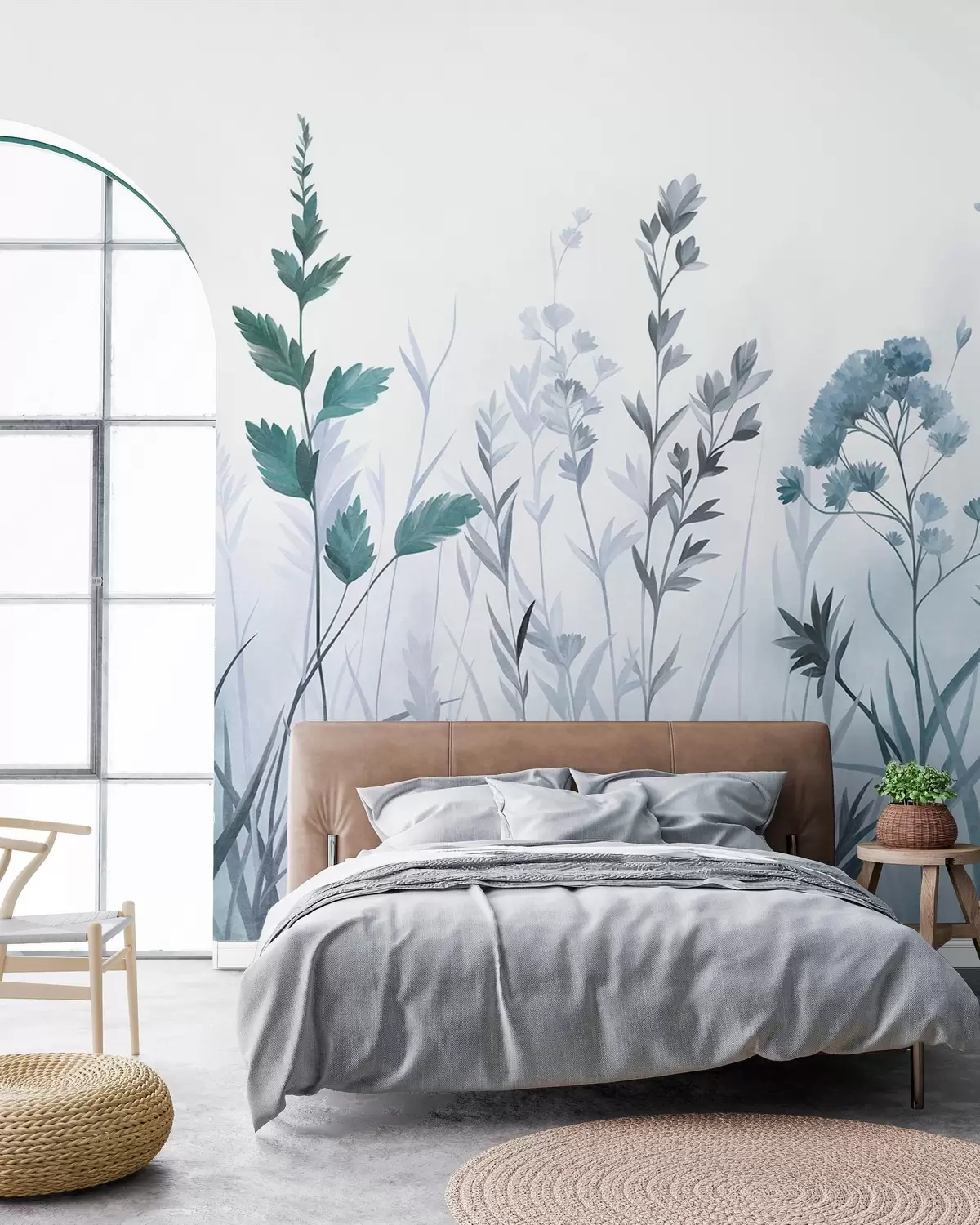 Fotobehang Hoge wilde grassen en wilde bloemen in gedempte blauwtinten, minimalistische stijl w10084v2