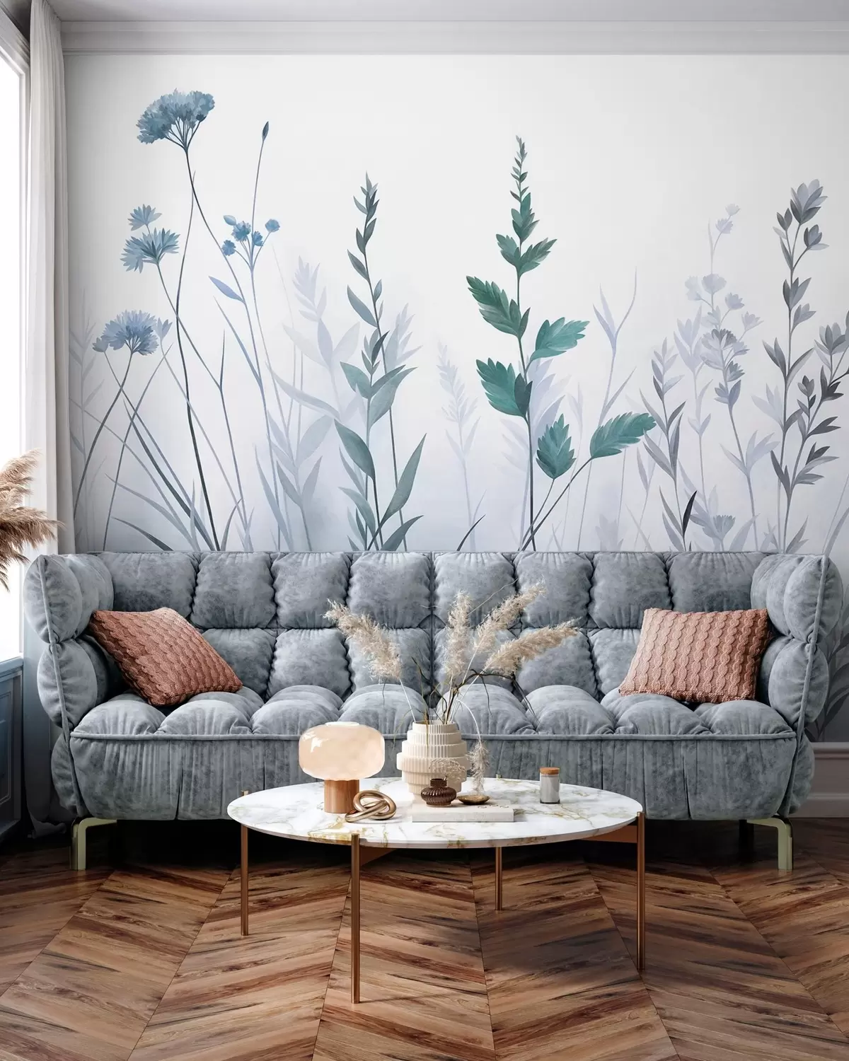 Fotobehang Hoge wilde grassen en wilde bloemen in gedempte blauwtinten, minimalistische stijl w10084v2