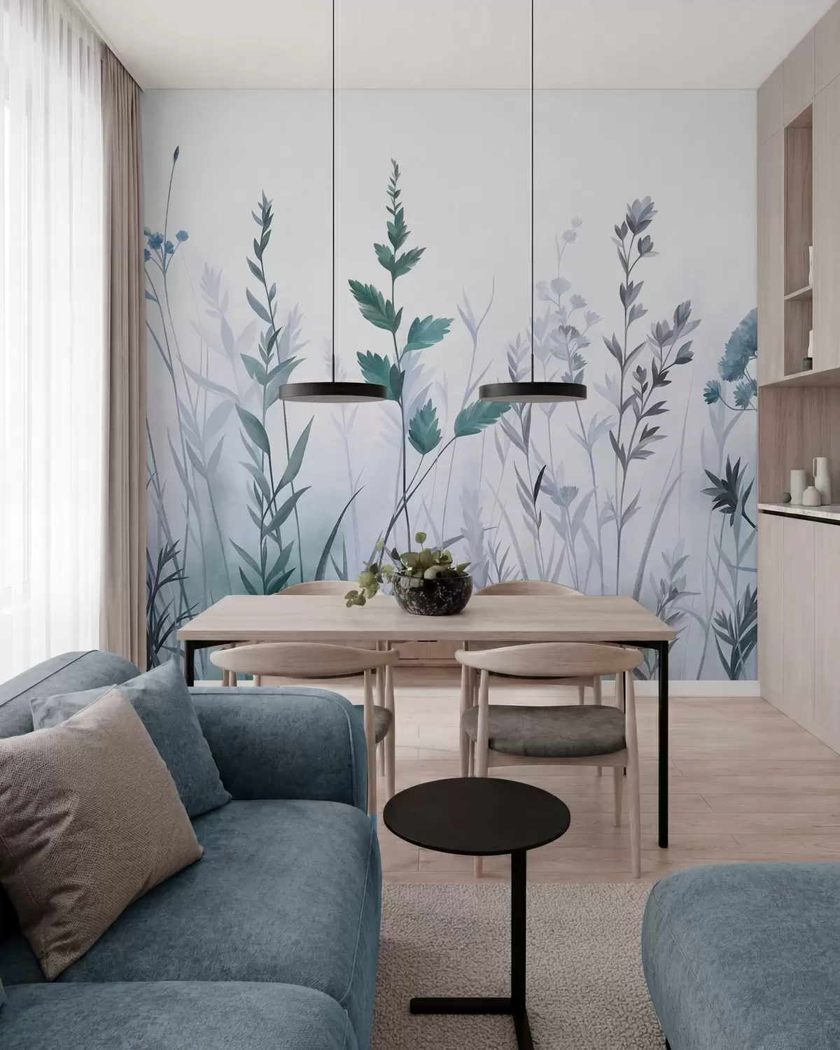 Fotobehang Hoge wilde grassen en wilde bloemen in gedempte blauwtinten, minimalistische stijl w10084v2