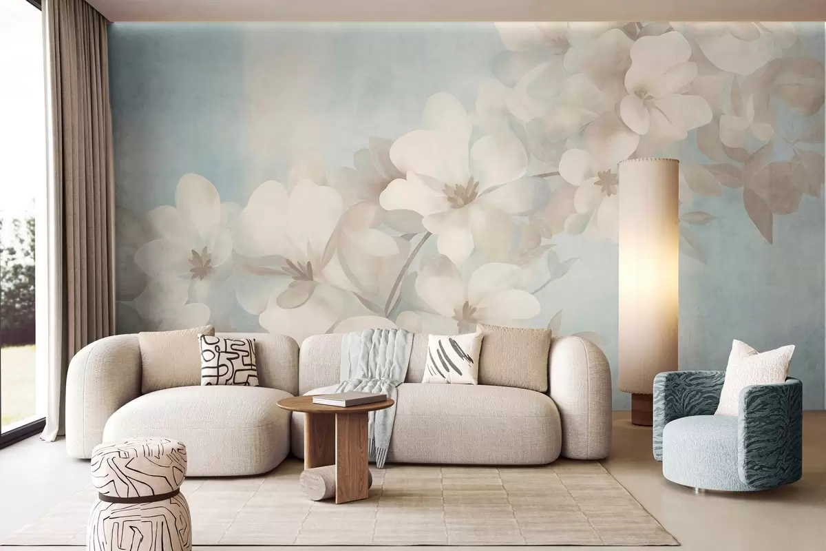Fotobehang Witte bloemen aan een tak, zachte pastelkleuren, lichtblauwe achtergrond met textuur w10107