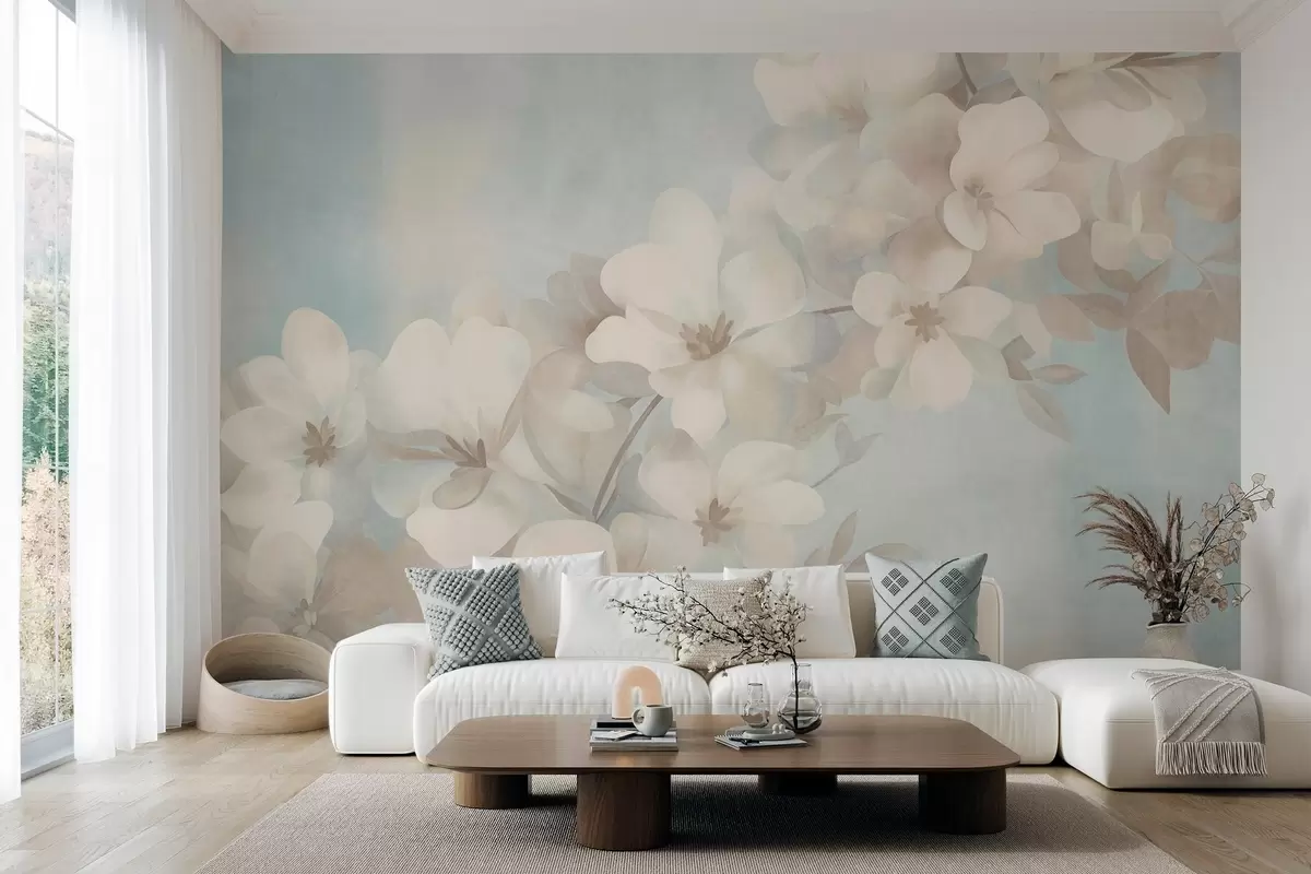 Fotobehang Witte bloemen aan een tak, zachte pastelkleuren, lichtblauwe achtergrond met textuur w10107