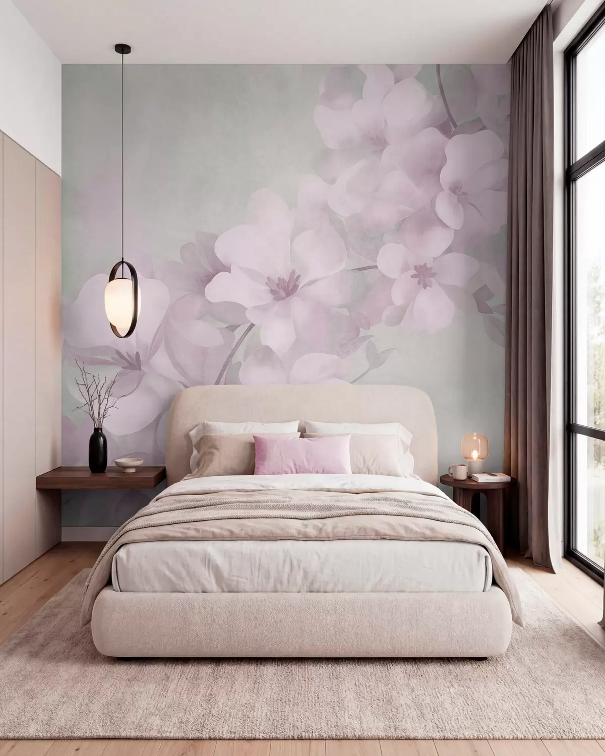 Fotobehang Witte bloemen aan een tak, zachte pastelkleuren, een lichtgroene achtergrond met textuur w10107v1
