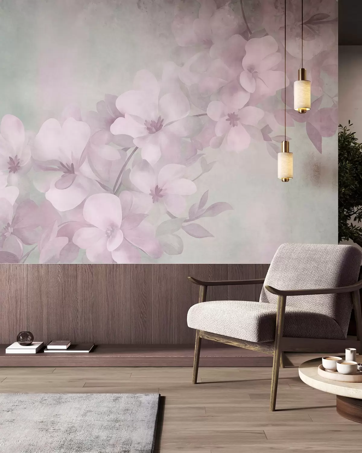 Fotobehang Witte bloemen aan een tak, zachte pastelkleuren, een lichtgroene achtergrond met textuur w10107v1