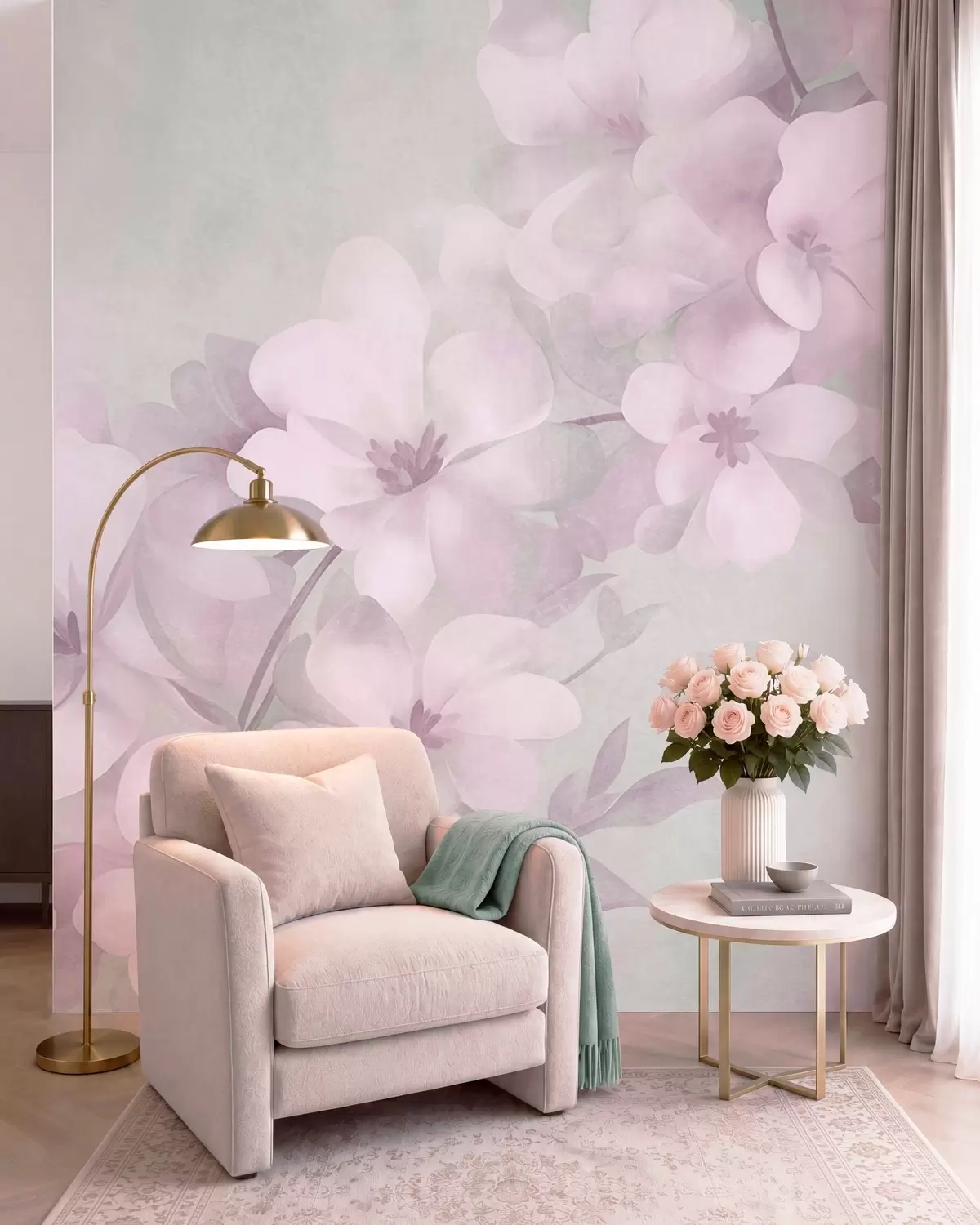 Fotobehang Witte bloemen aan een tak, zachte pastelkleuren, een lichtgroene achtergrond met textuur w10107v1