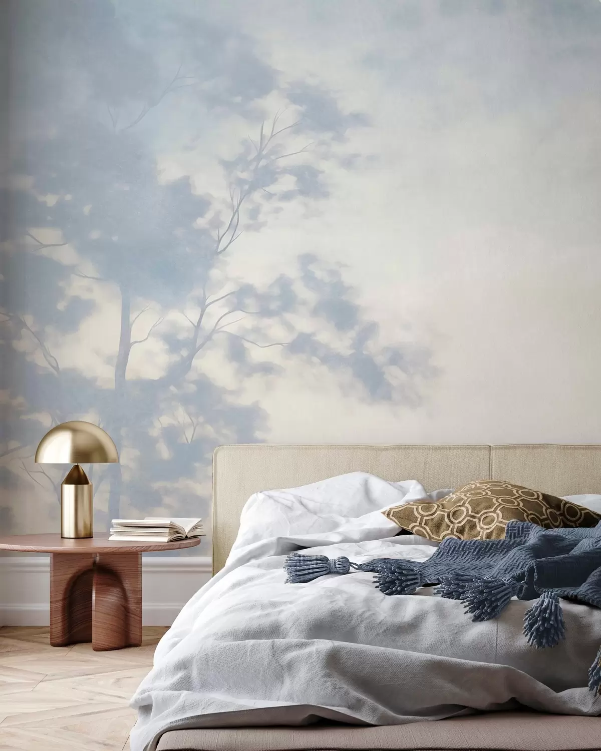 Papier peint photo Arbre texturé avec des branches, sur fond crème pâle et bleu clair, œuvre d'art minimaliste w10108