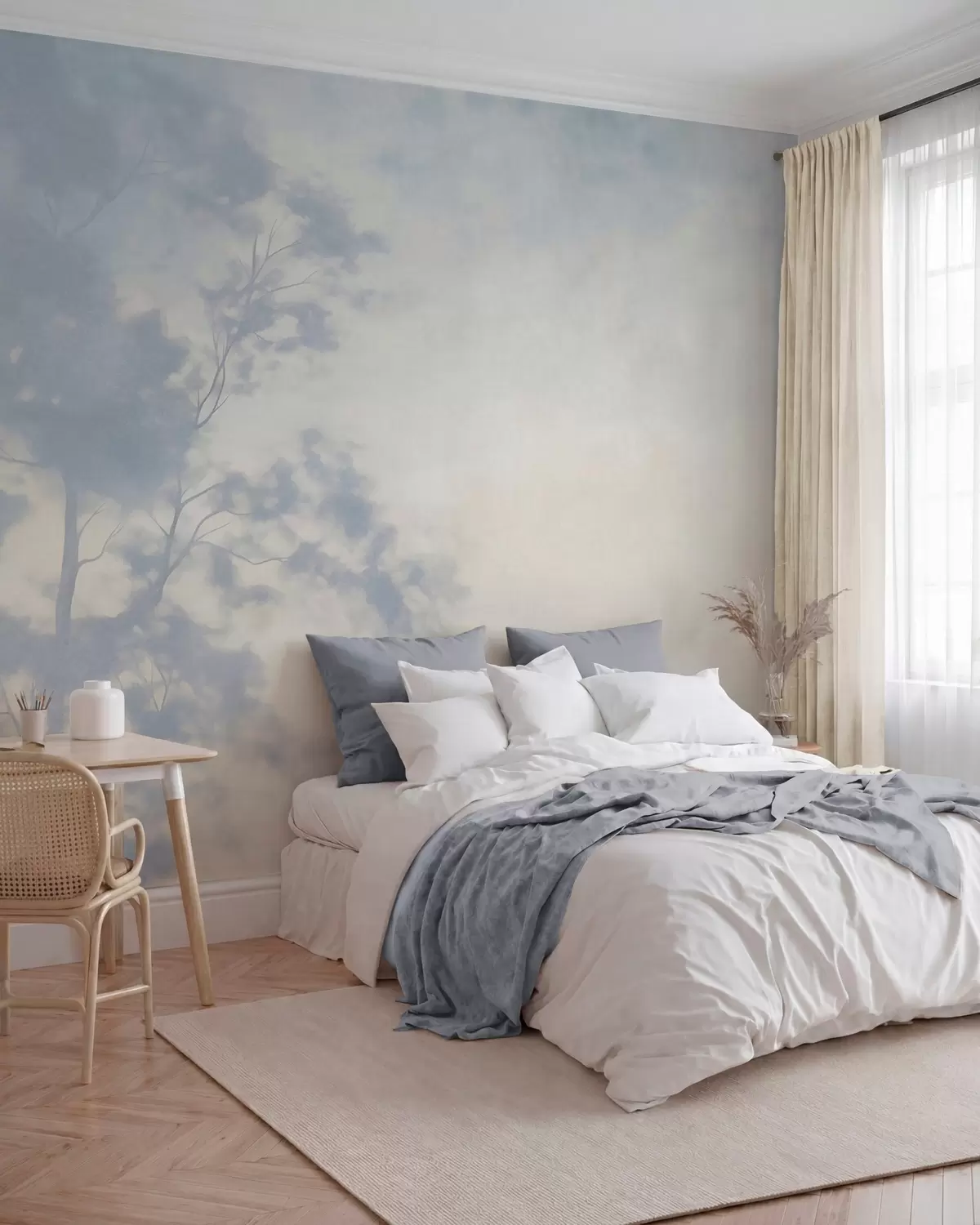Papier peint photo Arbre texturé avec des branches, sur fond crème pâle et bleu clair, œuvre d'art minimaliste w10108