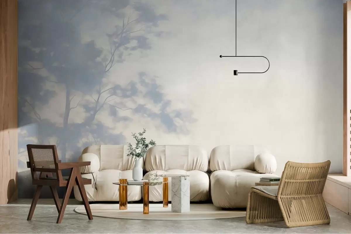Fotobehang Boom met textuur en takken, op een lichtcrèmekleurige en lichtblauwe achtergrond, minimalistische kunst w10108