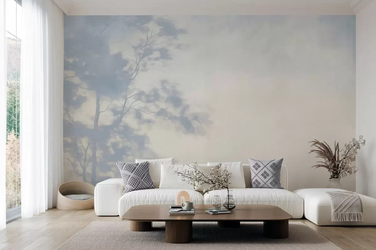 Fotobehang Boom met textuur en takken, op een lichtcrèmekleurige en lichtblauwe achtergrond, minimalistische kunst w10108