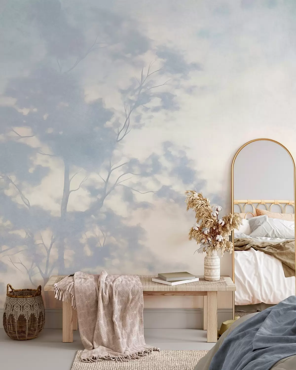 Papier peint photo Arbre texturé avec des branches, sur fond crème pâle et bleu clair, œuvre d'art minimaliste w10108