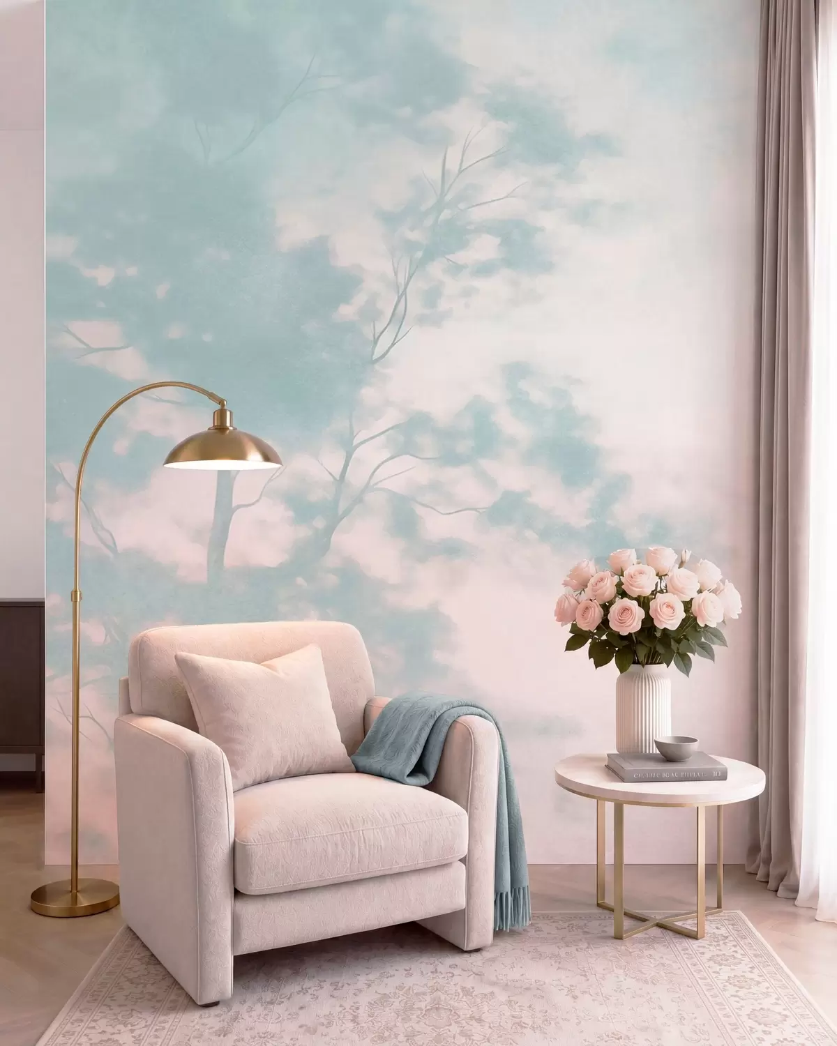 Papier peint photo Arbre texturé avec des branches, fond rose pâle et turquoise, art minimaliste w10108v1