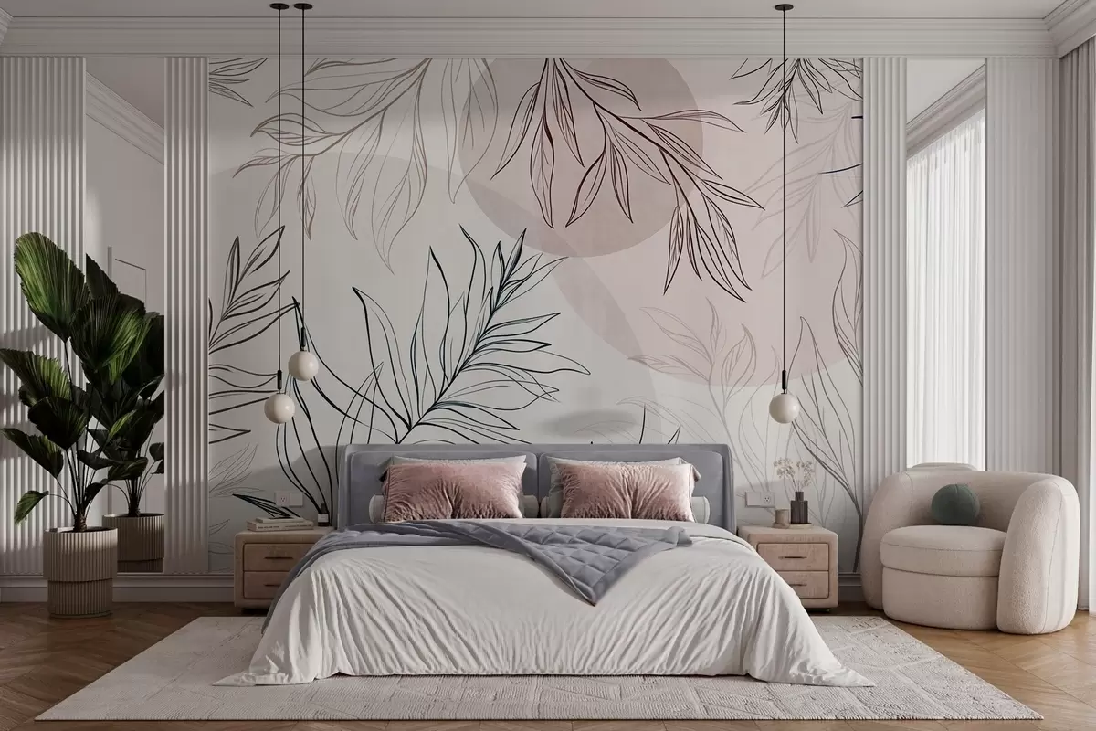 Fotobehang Minimalistische lijntekeningen van tropische bladeren en gebladerte, cirkelvormige figuren in pastelkleuren w10111