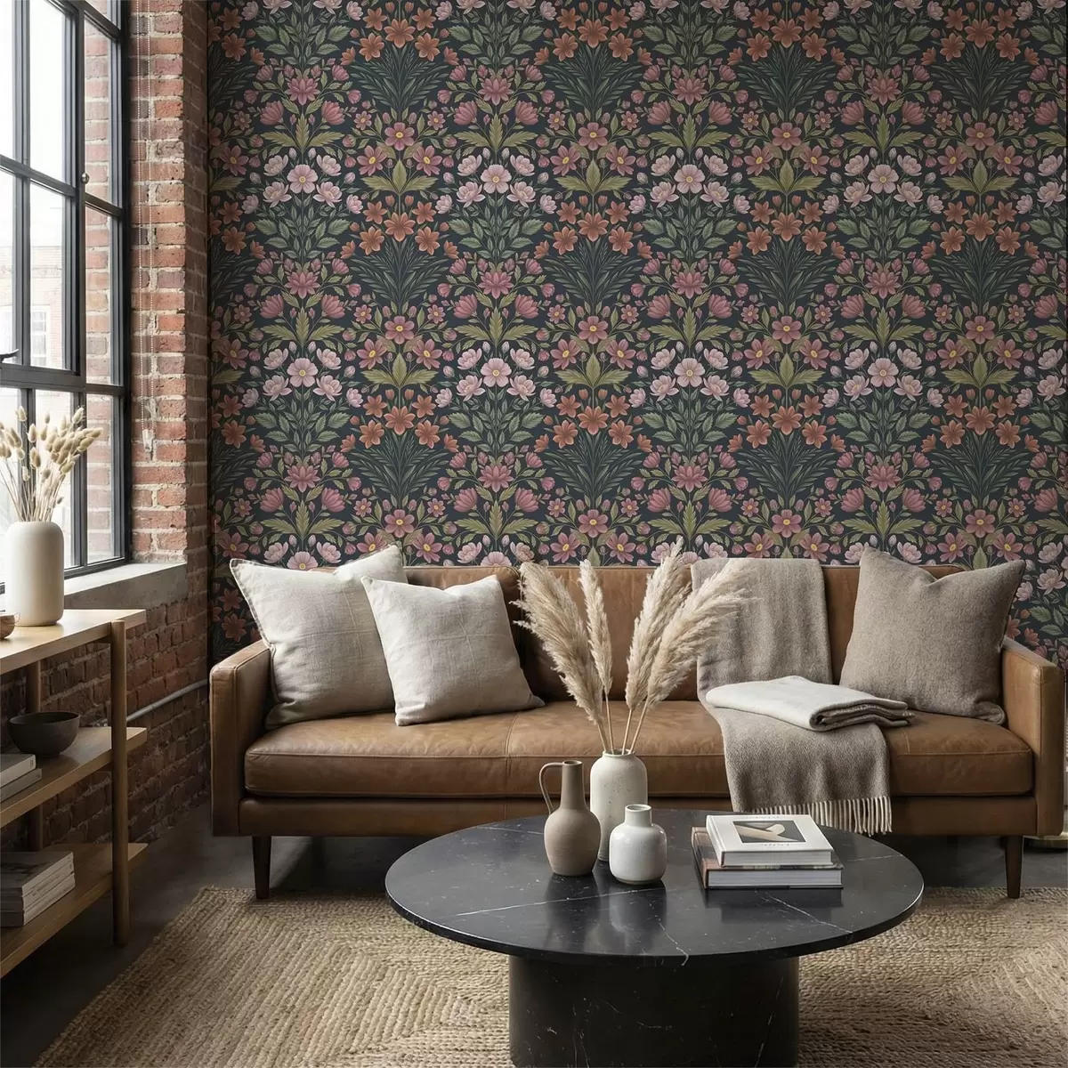 Behang Roze en terracottakleurige bloemen op een donkerblauwe achtergrond a01279