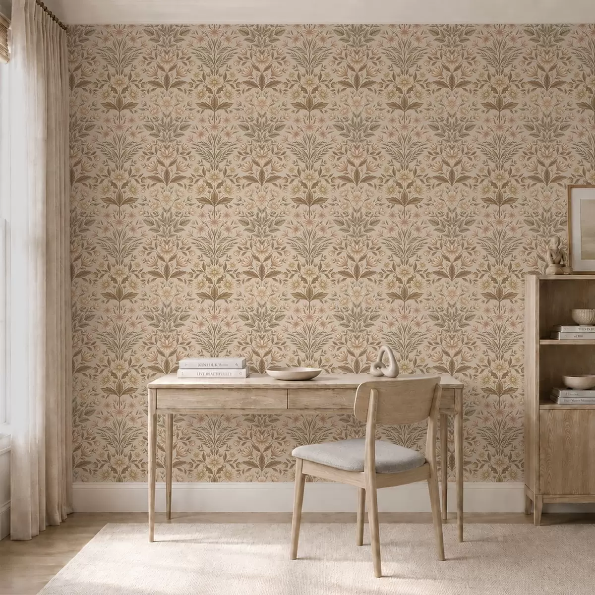 Behang Perzikbloesems en olijfgroene bladeren op een beige achtergrond a01279v1