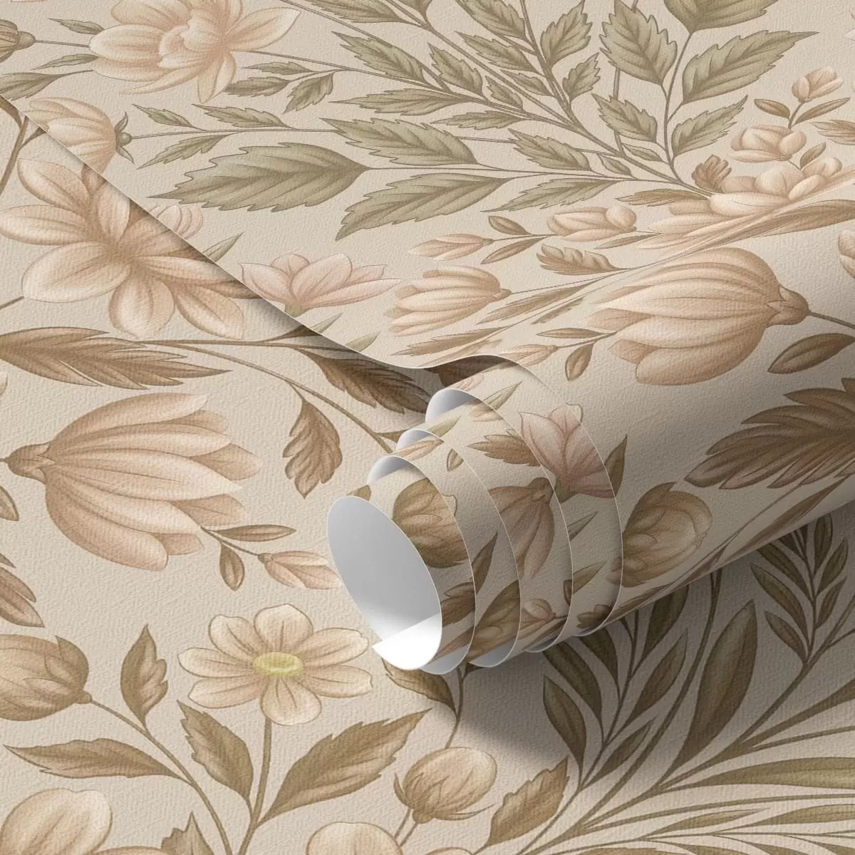 Behang Perzikbloesems en olijfgroene bladeren op een beige achtergrond a01279v1