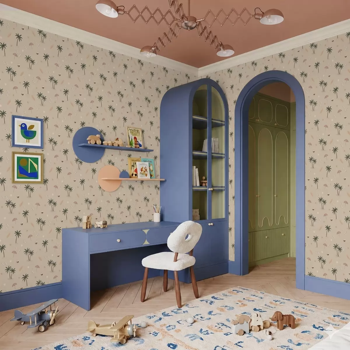 Behang Tropische palmen, vogels en roze parasols tegen een beige achtergrond a01280v2