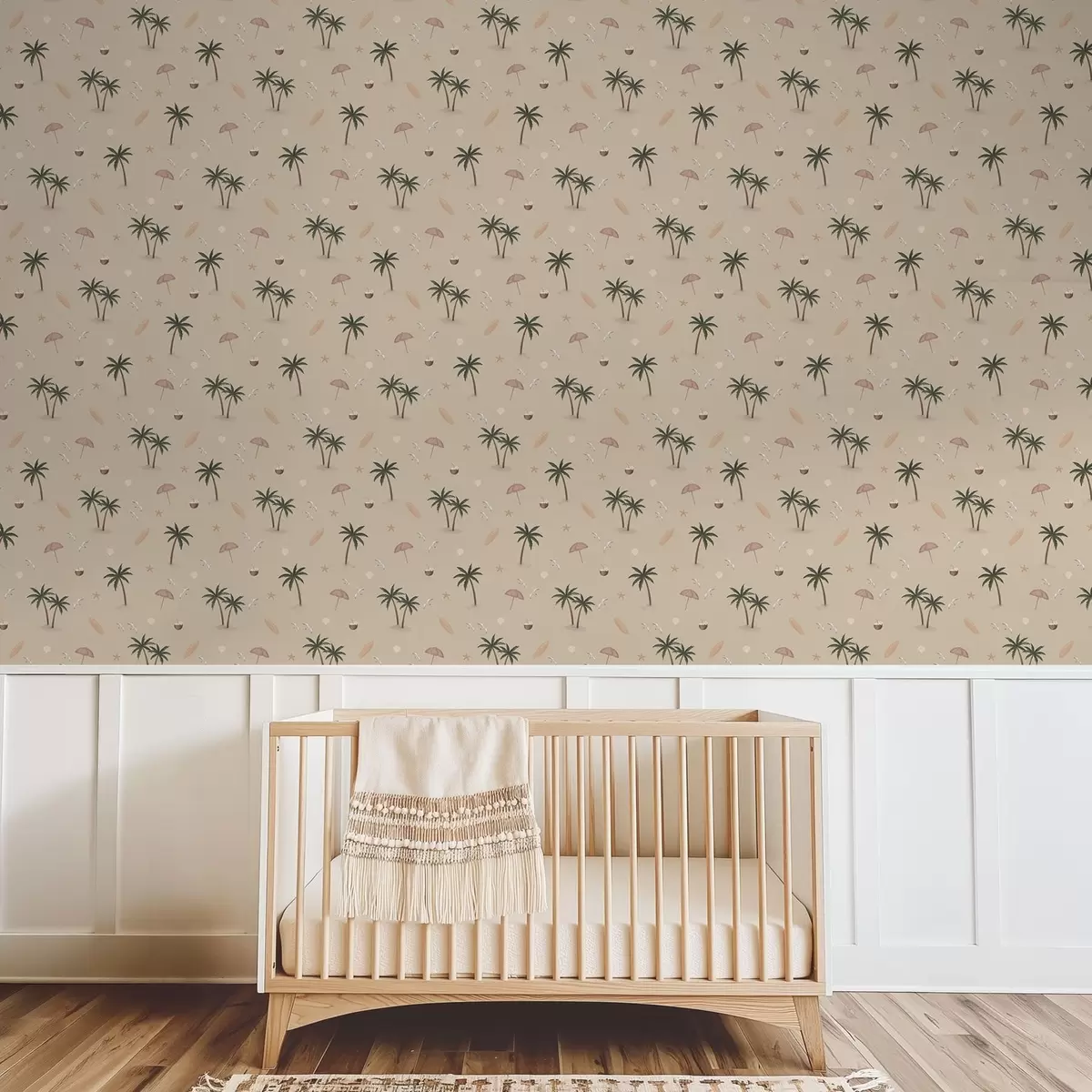 Behang Tropische palmen, vogels en roze parasols tegen een beige achtergrond a01280v2