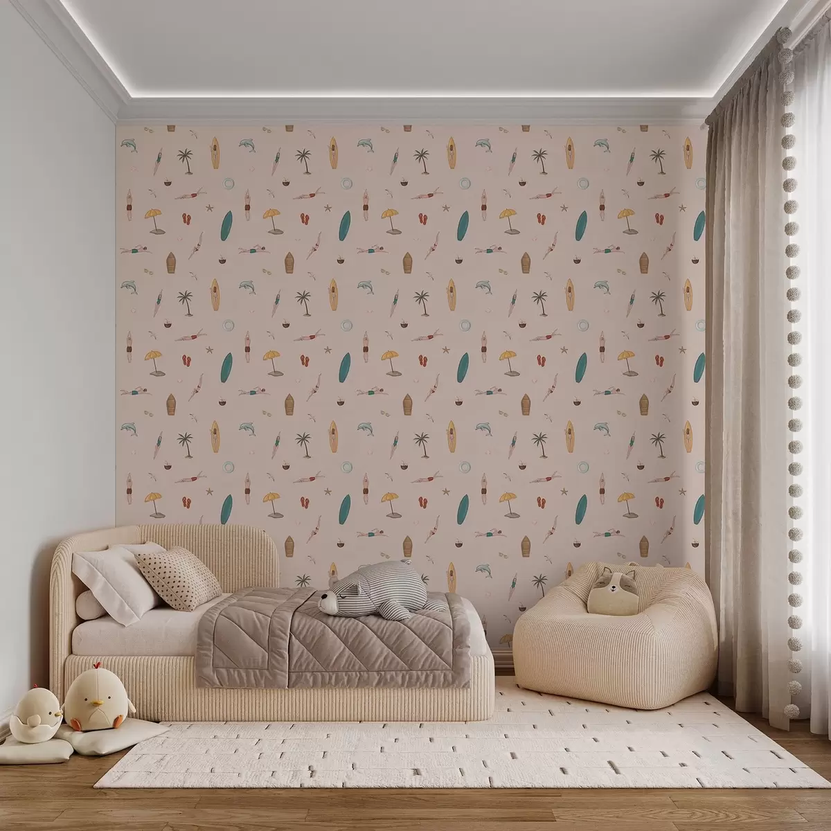 Behang Zwemmers, een dolfijn, een palmboom en een surfplank op een beige achtergrond a01275