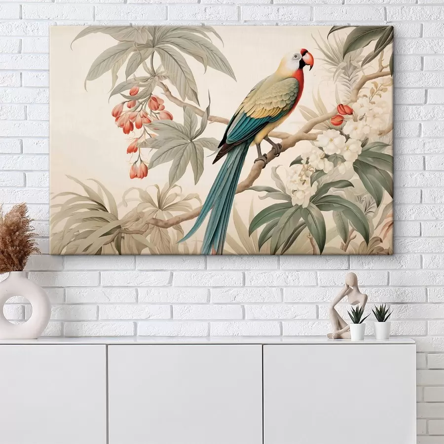 Fotobehang Tropische papegaai op een bloeiende tak s51094