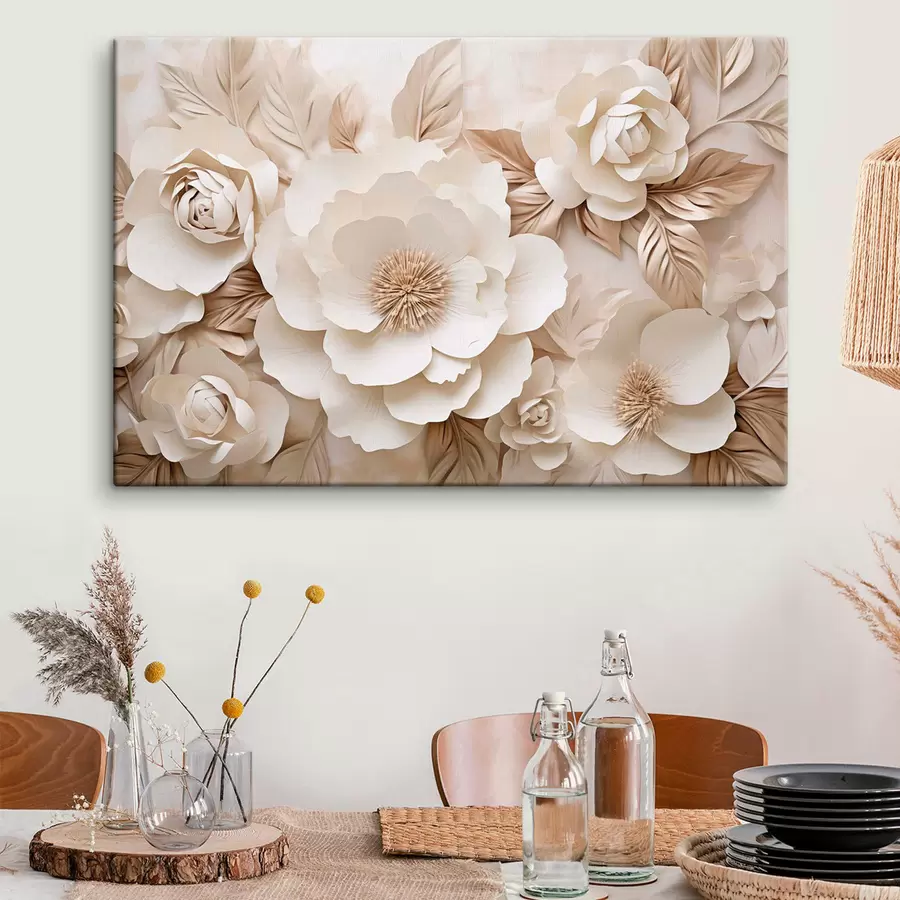Fotobehang 3D-gipsreliëf met witte bloemen s51096