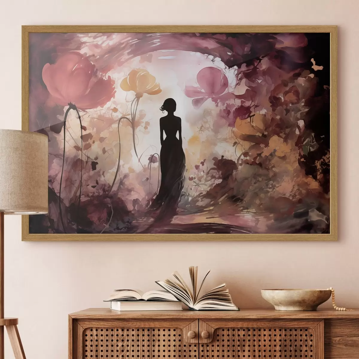 Poster Silhouet van een vrouw in een sprookjesachtige, bloeiende tuin f51081