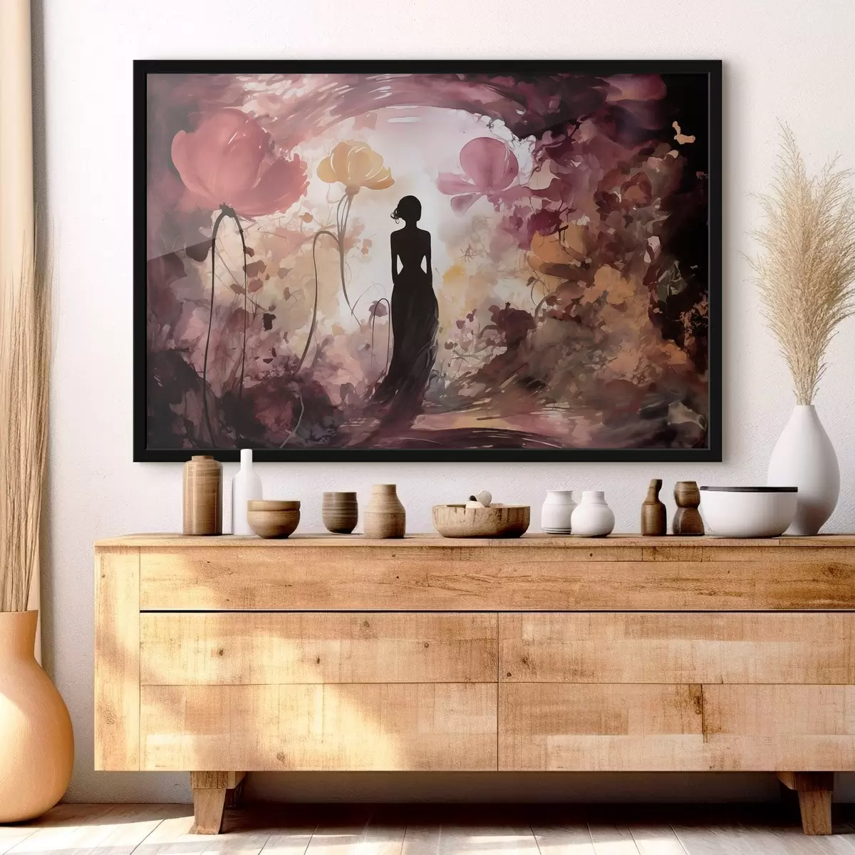 Poster Silhouet van een vrouw in een sprookjesachtige, bloeiende tuin f51081