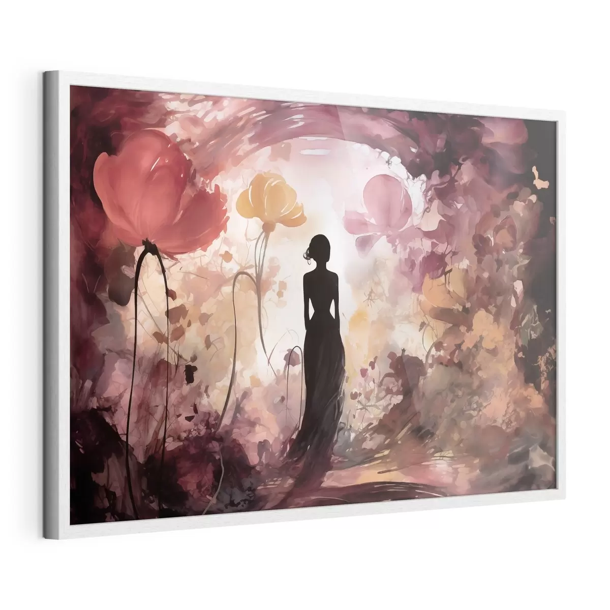 Poster Silhouet van een vrouw in een sprookjesachtige, bloeiende tuin f51081