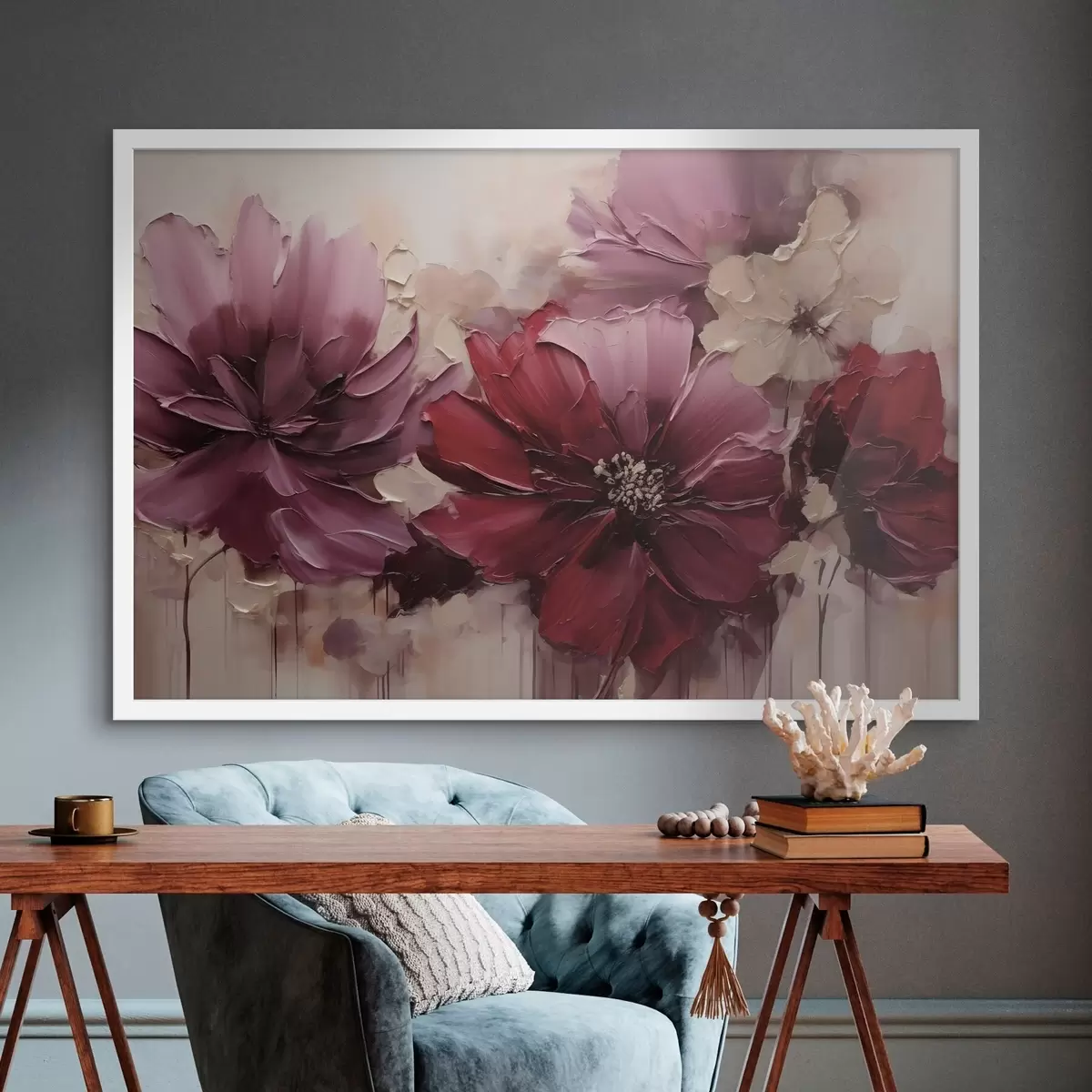 Poster Weelderige bordeauxrode en poederkleurige dahlia’s f51086