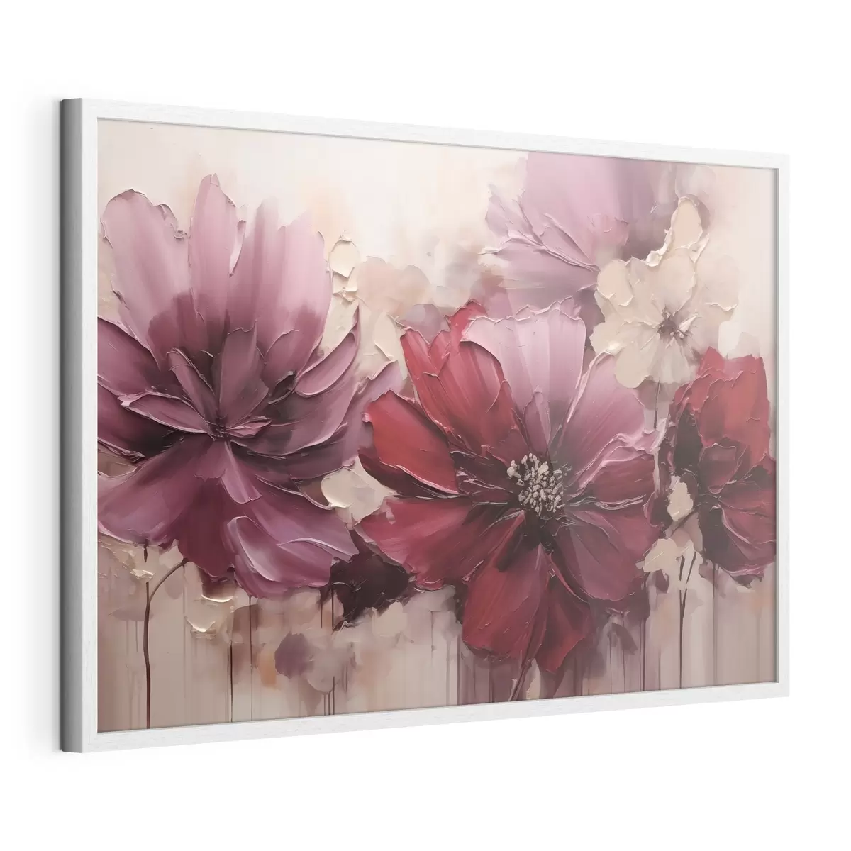 Poster Weelderige bordeauxrode en poederkleurige dahlia’s f51086