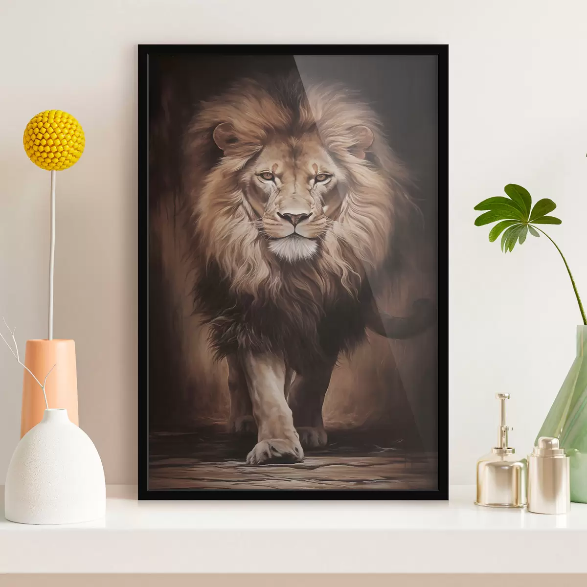 Poster Majestueuze leeuw in een donker interieur f51087