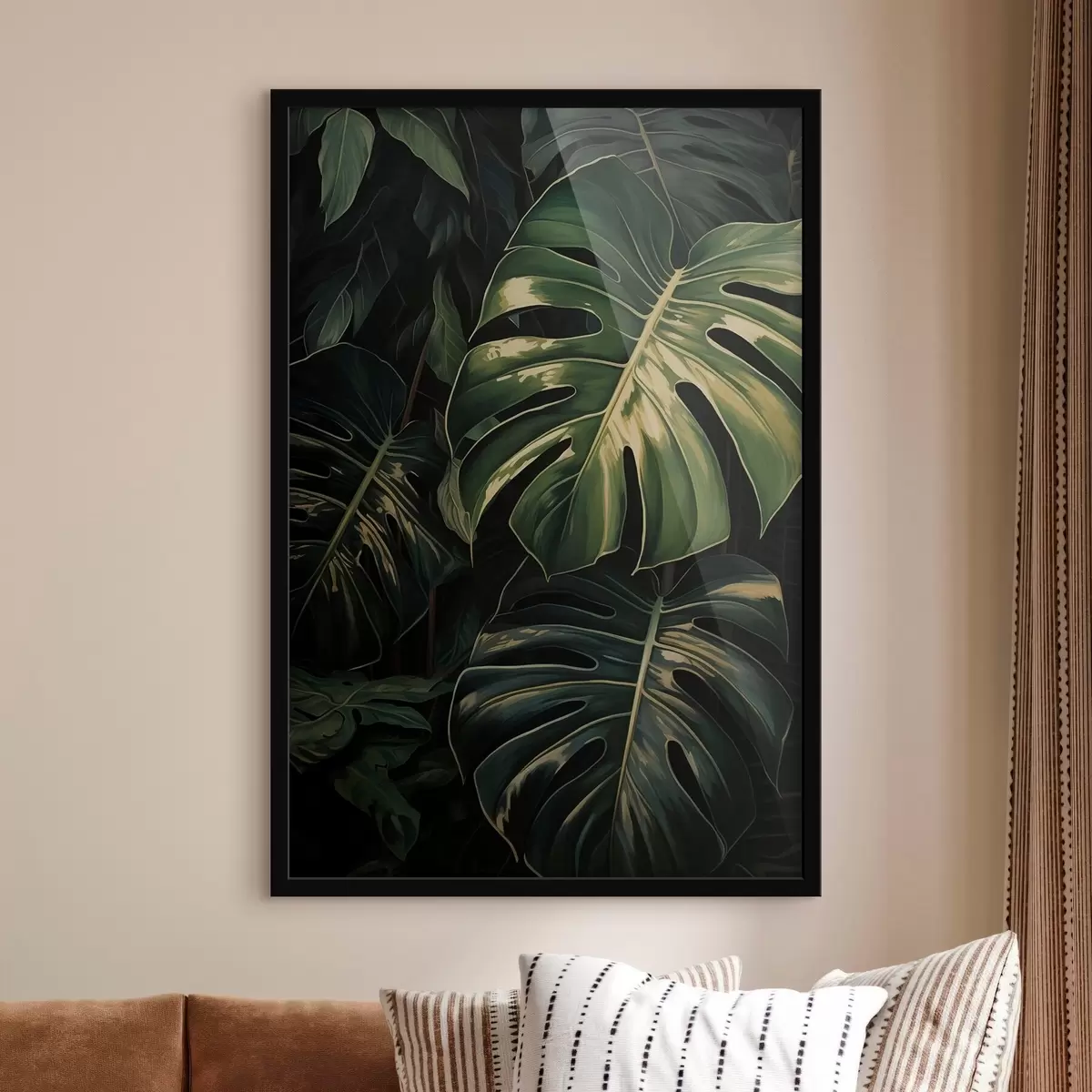 Poster Glanzende Monstera-bladeren in de donkere tropen f51091