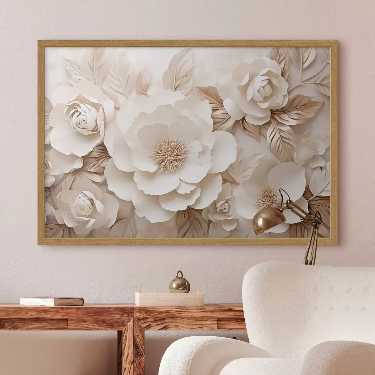 Poster 3D-gipsreliëf met witte bloemen f51096