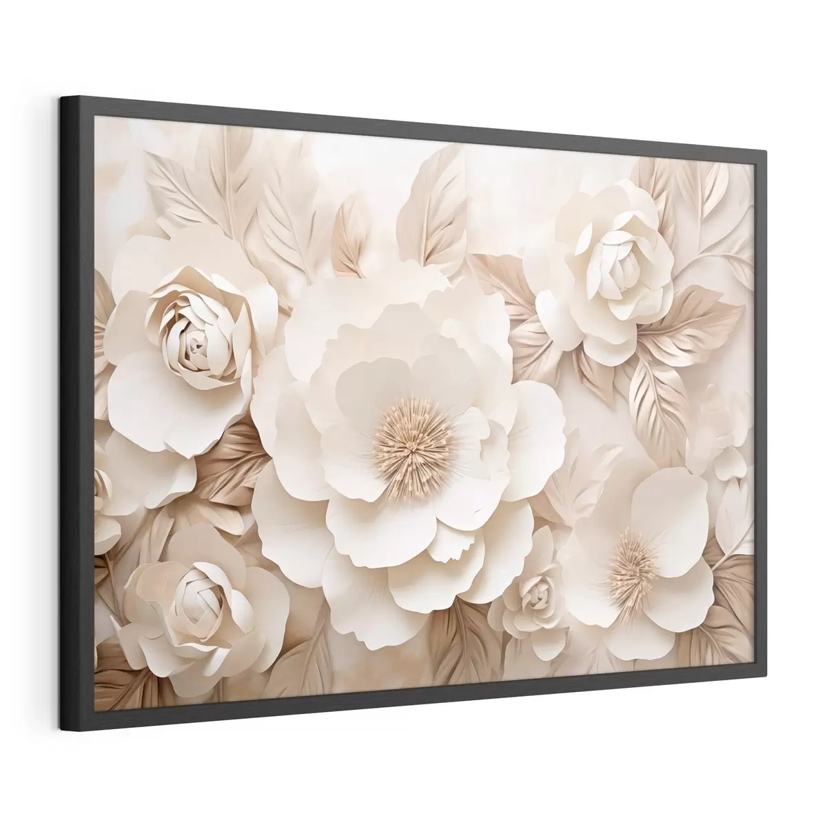 Poster 3D-gipsreliëf met witte bloemen f51096