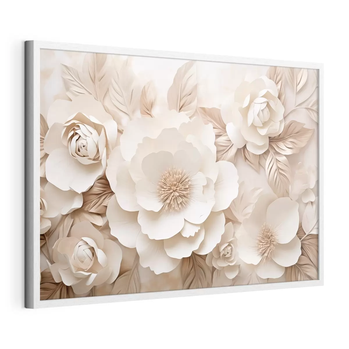 Poster 3D-gipsreliëf met witte bloemen f51096